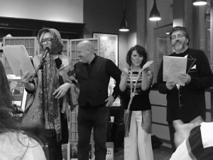 Caro Ramsay, Michael J. Malone, Theresa Talbot and some bearded old man in 'Carry on Sleuthing' in Waterstones Argyle Street.